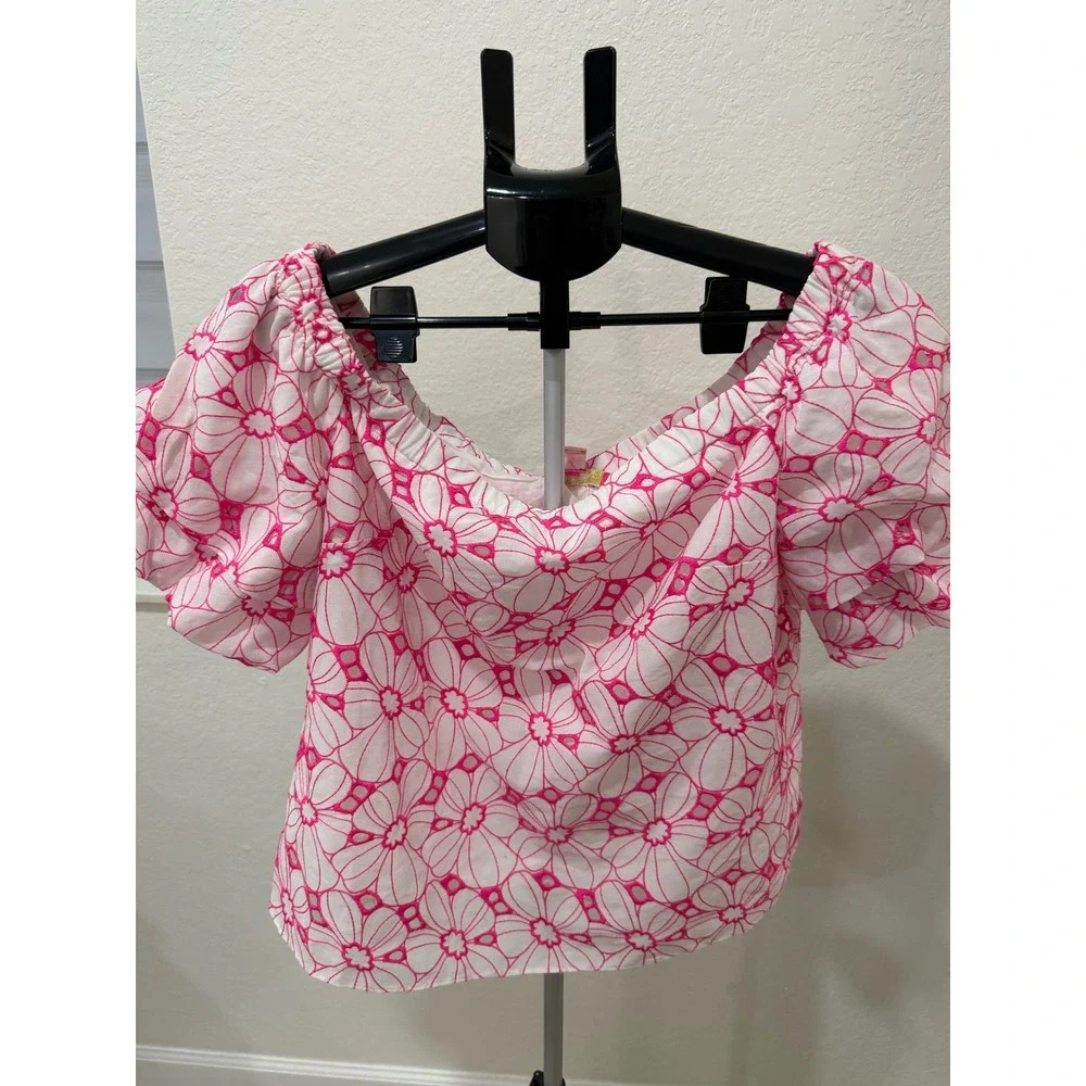 Lilly Pulitzer Lesley Top Raz Berry Botanical Chiffon Eyelet Pink White L NWT